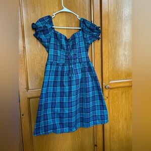 Vintage Plaid Blue Puff-Sleeve Dress
